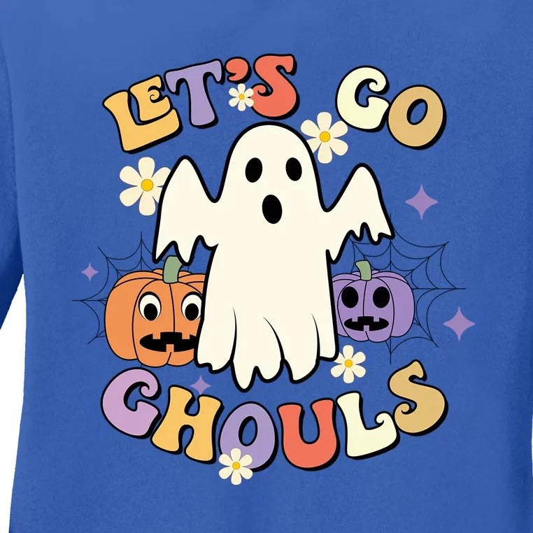 Lets Go Ghouls Halloween Groovy Style Ghost Pumpkin Gift Ladies Long Sleeve Shirt