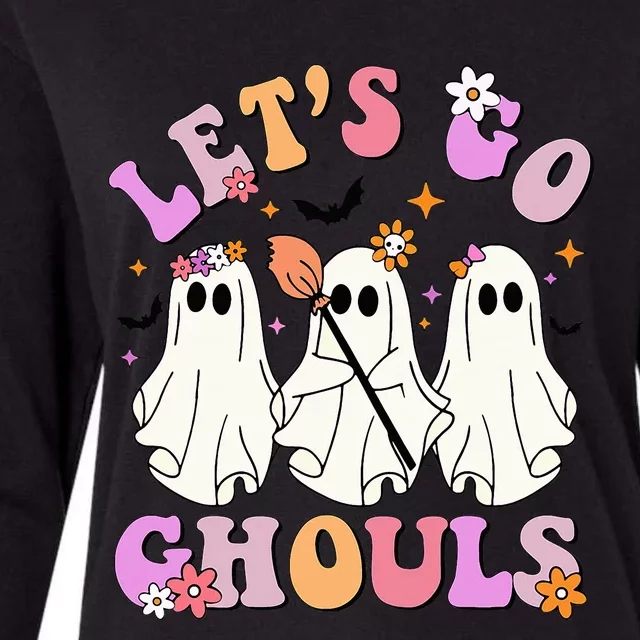 Lets Go Ghouls Halloween Ghost Outfit Costume Retro Groovy Womens Cotton Relaxed Long Sleeve T-Shirt