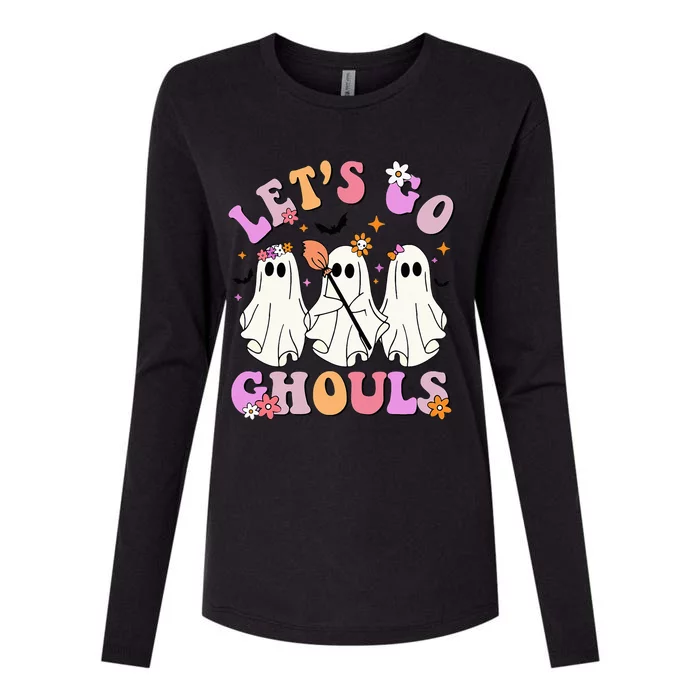 Lets Go Ghouls Halloween Ghost Outfit Costume Retro Groovy Womens Cotton Relaxed Long Sleeve T-Shirt