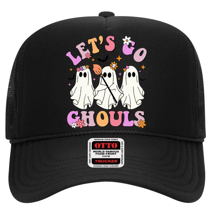 Lets Go Ghouls Halloween Ghost Outfit Costume Retro Groovy High Crown Mesh Trucker Hat