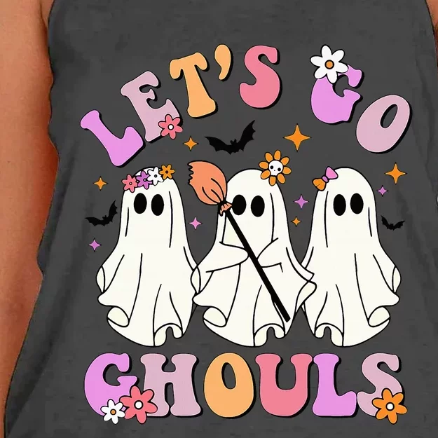 Lets Go Ghouls Halloween Ghost Outfit Costume Retro Groovy Women's Knotted Racerback Tank