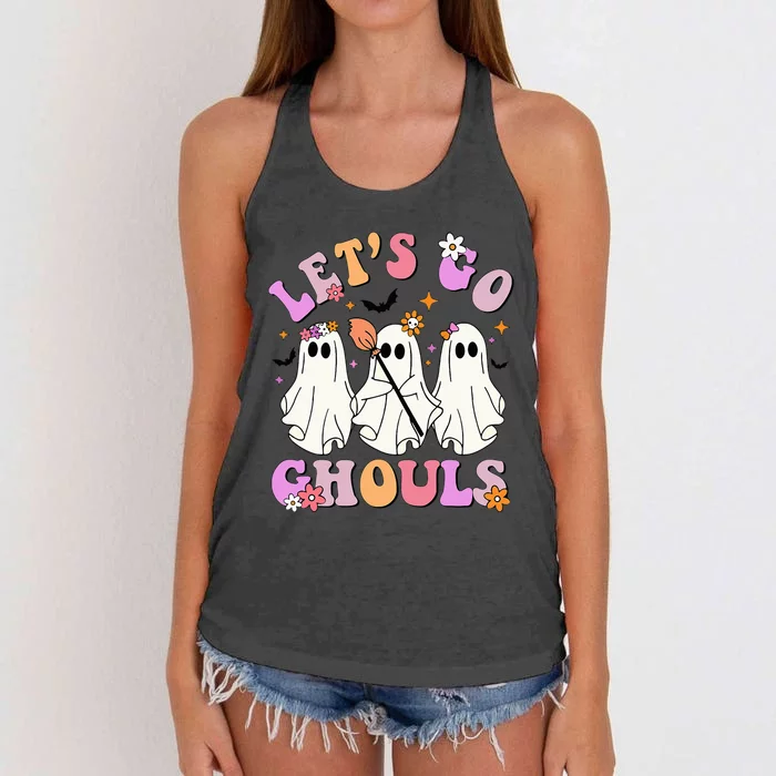 Lets Go Ghouls Halloween Ghost Outfit Costume Retro Groovy Women's Knotted Racerback Tank