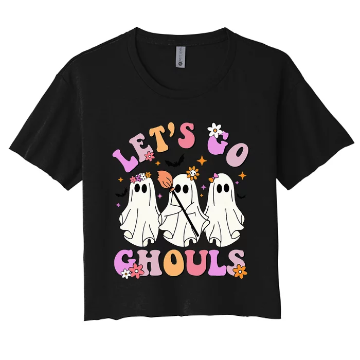 Lets Go Ghouls Halloween Ghost Outfit Costume Retro Groovy Women's Crop Top Tee