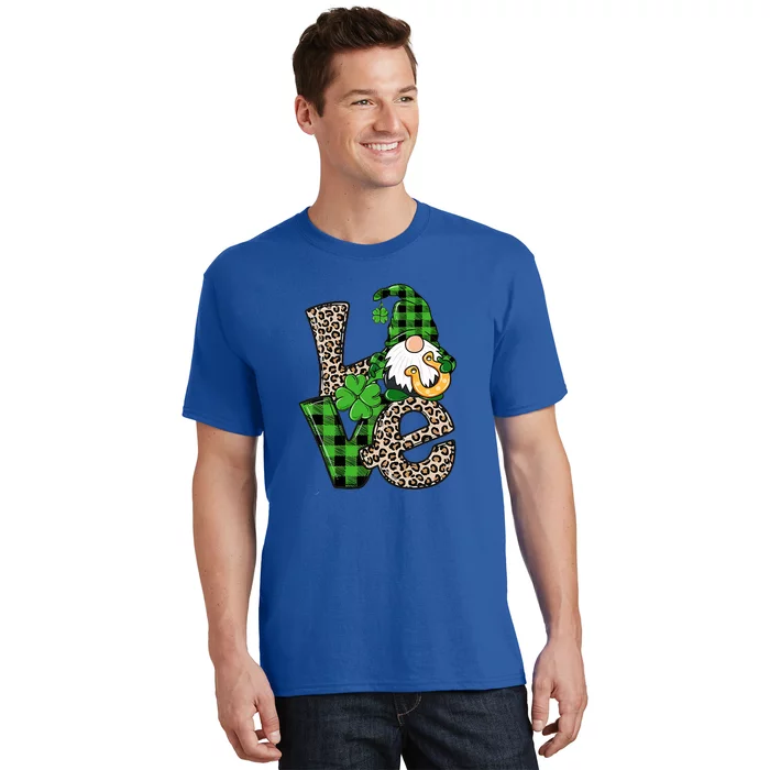 LOVE Gnomes Holding Shamrock Leopard Plaid St Patrick's Day T-Shirt