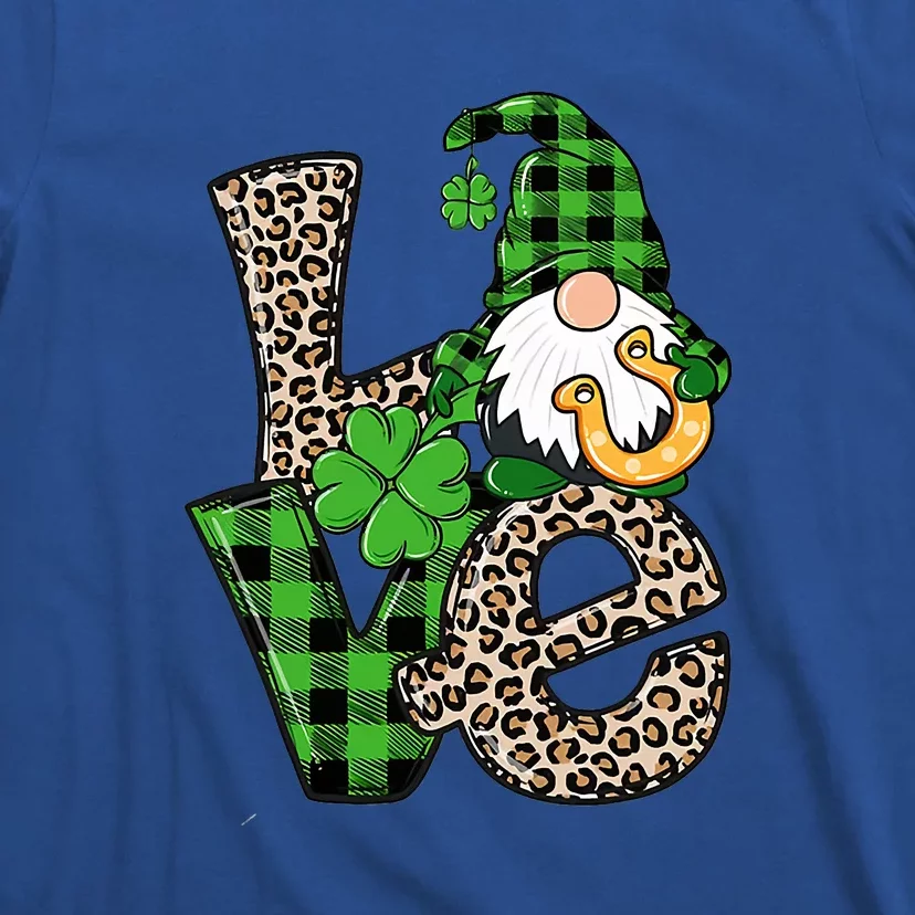 LOVE Gnomes Holding Shamrock Leopard Plaid St Patrick's Day T-Shirt