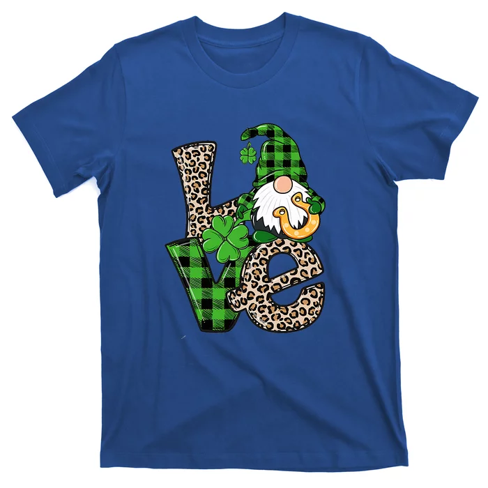 LOVE Gnomes Holding Shamrock Leopard Plaid St Patrick's Day T-Shirt