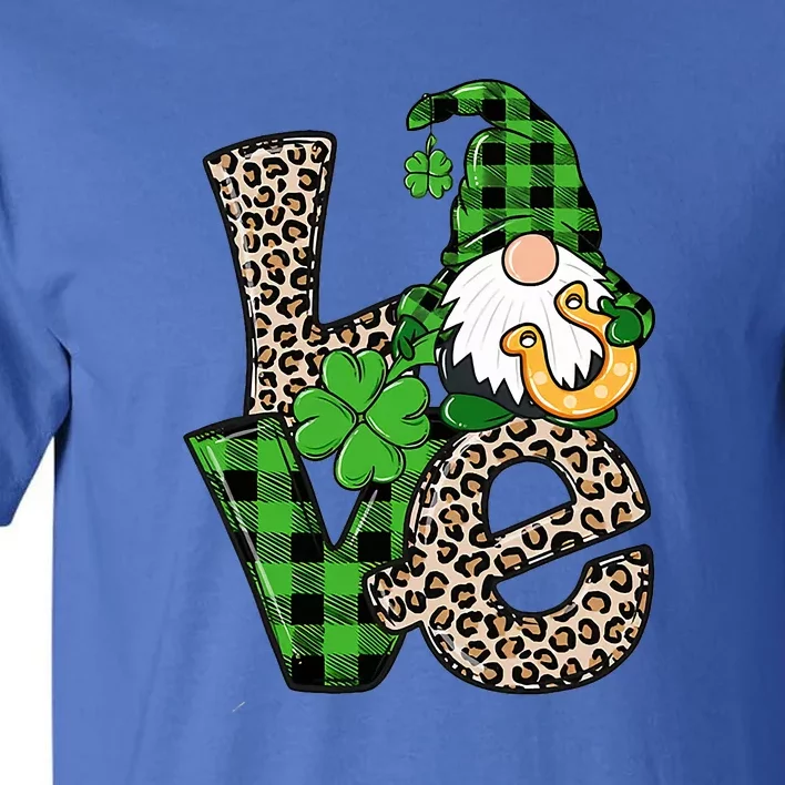 LOVE Gnomes Holding Shamrock Leopard Plaid St Patrick's Day Tall T-Shirt