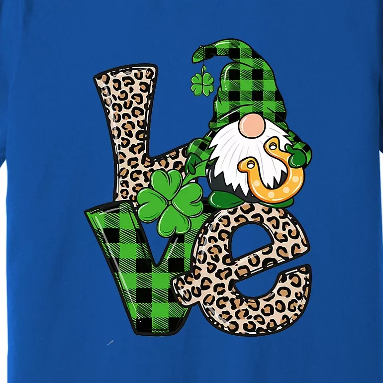 LOVE Gnomes Holding Shamrock Leopard Plaid St Patrick's Day Premium T-Shirt