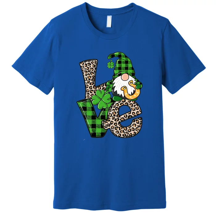 LOVE Gnomes Holding Shamrock Leopard Plaid St Patrick's Day Premium T-Shirt