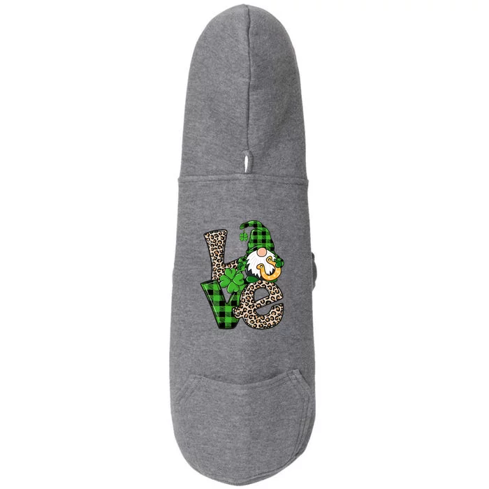 LOVE Gnomes Holding Shamrock Leopard Plaid St Patrick's Day Doggie 3-End Fleece Hoodie