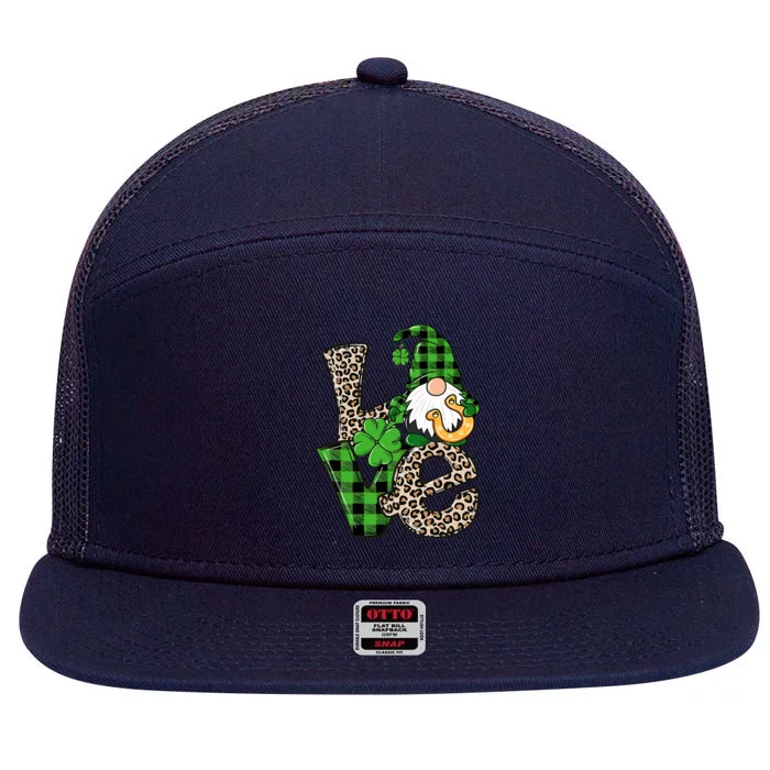 LOVE Gnomes Holding Shamrock Leopard Plaid St Patrick's Day 7 Panel Mesh Trucker Snapback Hat