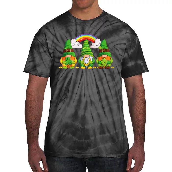 Lucky Gnomes Holding Shamrock Clover And Horseshoe Rainbow Tie-Dye T-Shirt