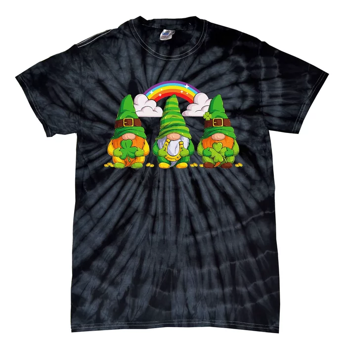 Lucky Gnomes Holding Shamrock Clover And Horseshoe Rainbow Tie-Dye T-Shirt