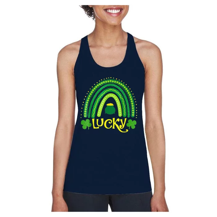 Lucky Green Irish Shamrock Rainbow St Patricks Day Women's Racerback Tank