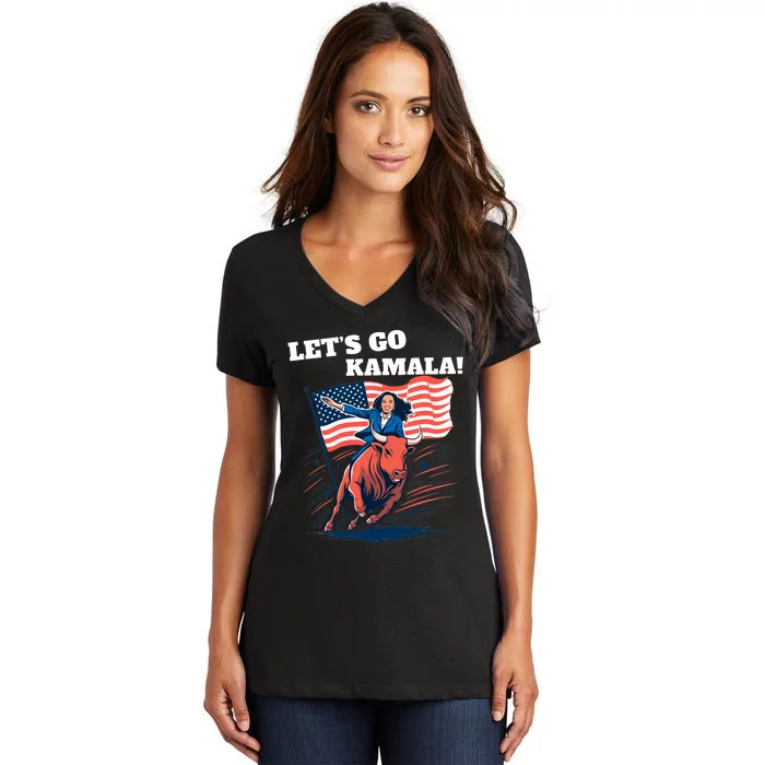 LetS Go Kamala Blue Text Election 2024 Women's V-Neck T-Shirt