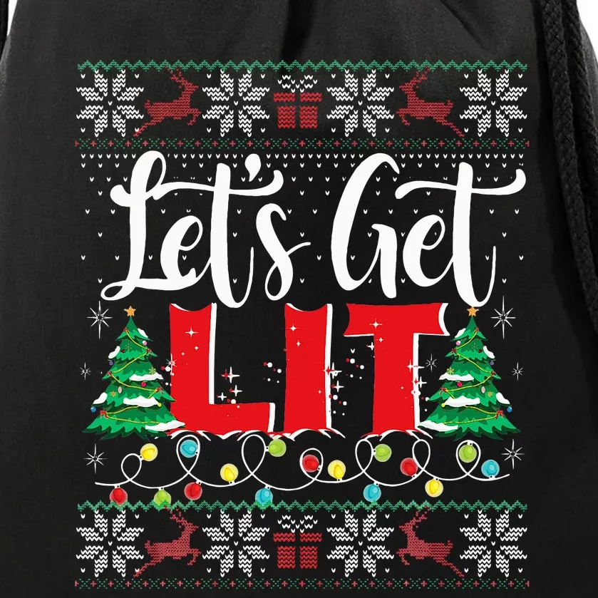 Let's Get Lit Christmas Lights Ugly Sweater Xmas Drinking Drawstring Bag