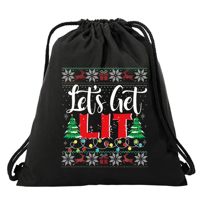 Let's Get Lit Christmas Lights Ugly Sweater Xmas Drinking Drawstring Bag