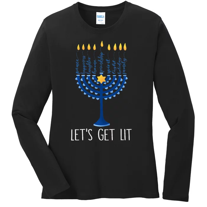 Lets Get Lit Happy Hanukkah Menorah Jewish Ladies Long Sleeve Shirt