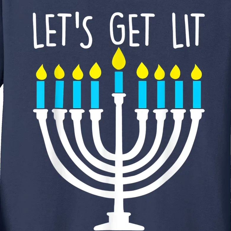 Let's Get Lit Funny Hanukkah Chanukah Pajamas Girls Kids Long Sleeve Shirt