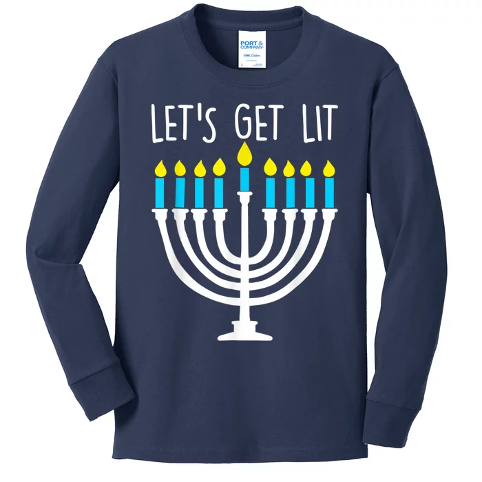 Let's Get Lit Funny Hanukkah Chanukah Pajamas Girls Kids Long Sleeve Shirt