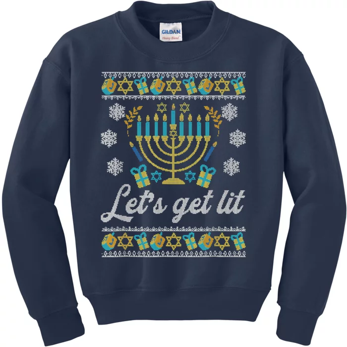 Lets Get Lit Ugly Hanukkah Channukah Kids Sweatshirt