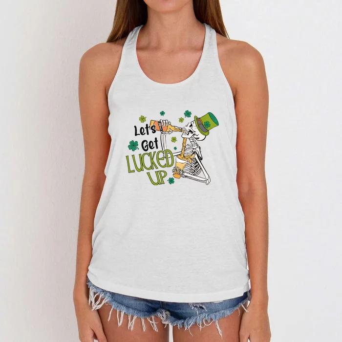 Let's Get Lucked Up Lucky St Patricks Day Green Funny Skeleton Women's Knotted Racerback Tank