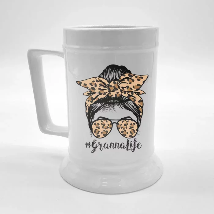 Leopard Granna Life Cute Messy Bun Mother's Day Front & Back Beer Stein