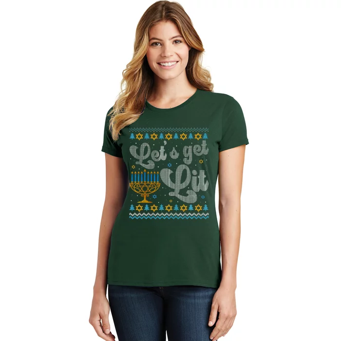 Let's Get Lit Hanukkah Menorah Funny Ugly Christmas Women's T-Shirt