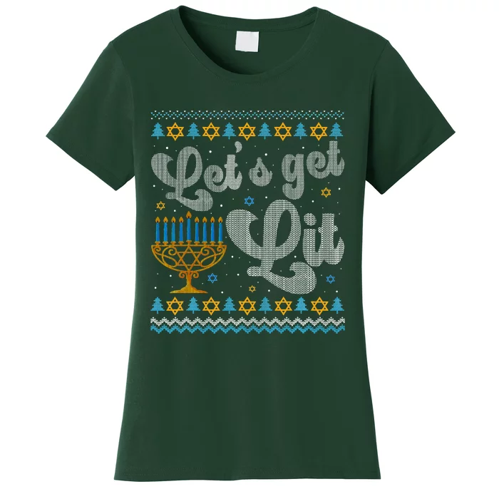 Let's Get Lit Hanukkah Menorah Funny Ugly Christmas Women's T-Shirt