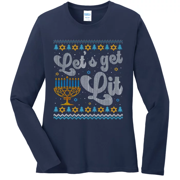 Let's Get Lit Hanukkah Menorah Funny Ugly Christmas Ladies Long Sleeve Shirt