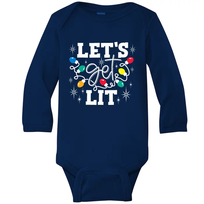 Let's Get Lit Drinking Santa Hat Christmas Lights Funny Baby Long Sleeve Bodysuit