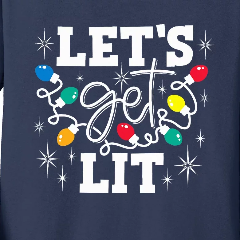 Let's Get Lit Drinking Santa Hat Christmas Lights Funny Kids Long Sleeve Shirt