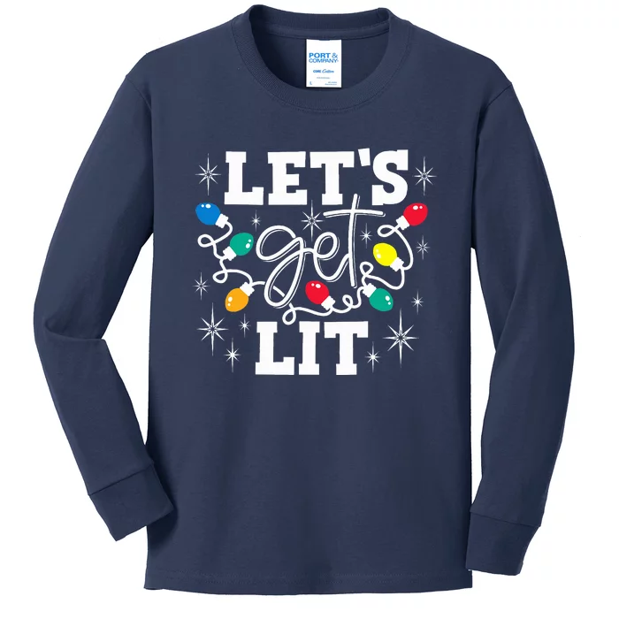 Let's Get Lit Drinking Santa Hat Christmas Lights Funny Kids Long Sleeve Shirt