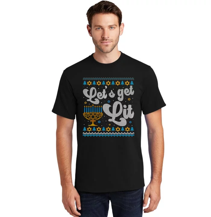 LetS Get Lit Hanukkah Menorah Funny Ugly Christmas Sweater Tall T-Shirt