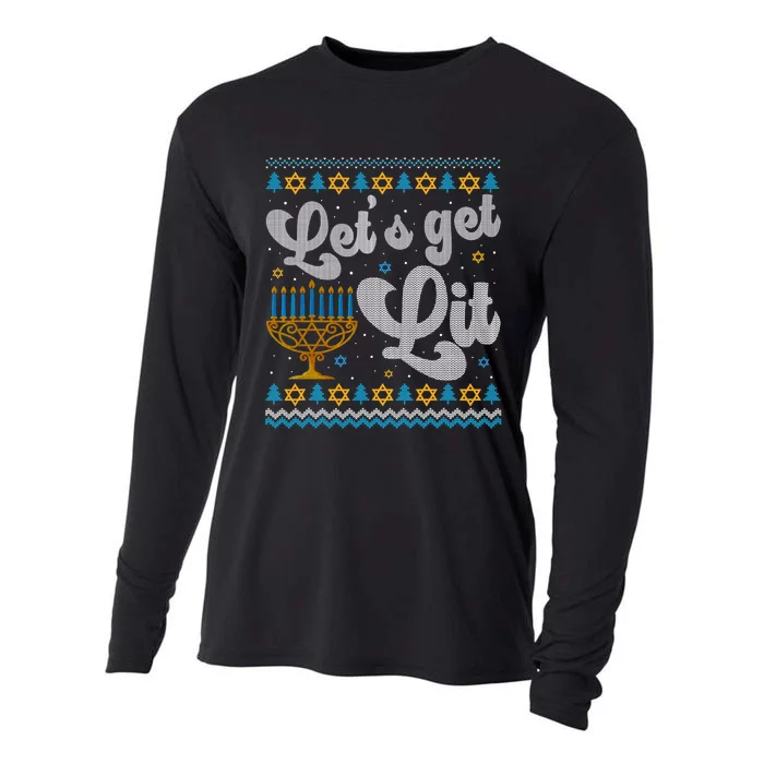 LetS Get Lit Hanukkah Menorah Funny Ugly Christmas Sweater Cooling Performance Long Sleeve Crew