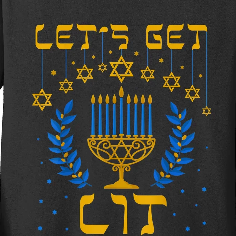 Let's Get Lit Hanukkah Shirt Jeworah Jewish Chanukkah Kids Long Sleeve Shirt