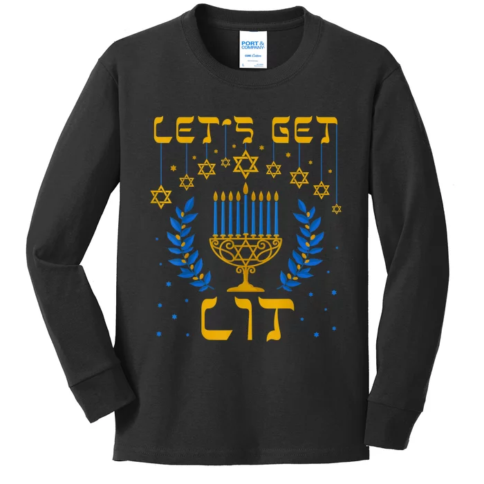 Let's Get Lit Hanukkah Shirt Jeworah Jewish Chanukkah Kids Long Sleeve Shirt