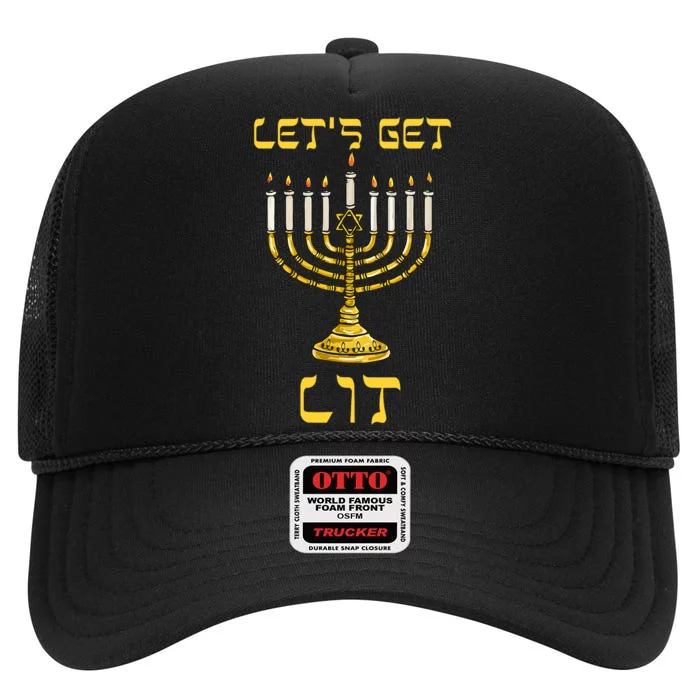 Lets Get Lit Chanukah Happy Hanukkah Funny Menorah Jewish High Crown Mesh Trucker Hat