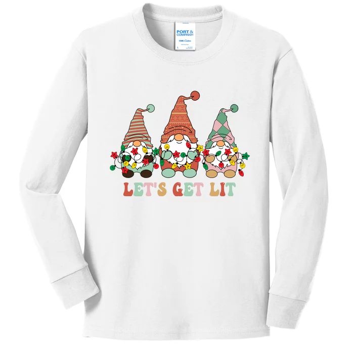 Let's Get Lit Christmas Gnome Lights Funny Xmas Gift Kids Long Sleeve Shirt