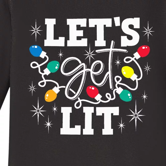 Let's Get Lit Drinking Santa Hat Christmas Lights Funny Baby Long Sleeve Bodysuit