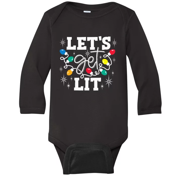 Let's Get Lit Drinking Santa Hat Christmas Lights Funny Baby Long Sleeve Bodysuit