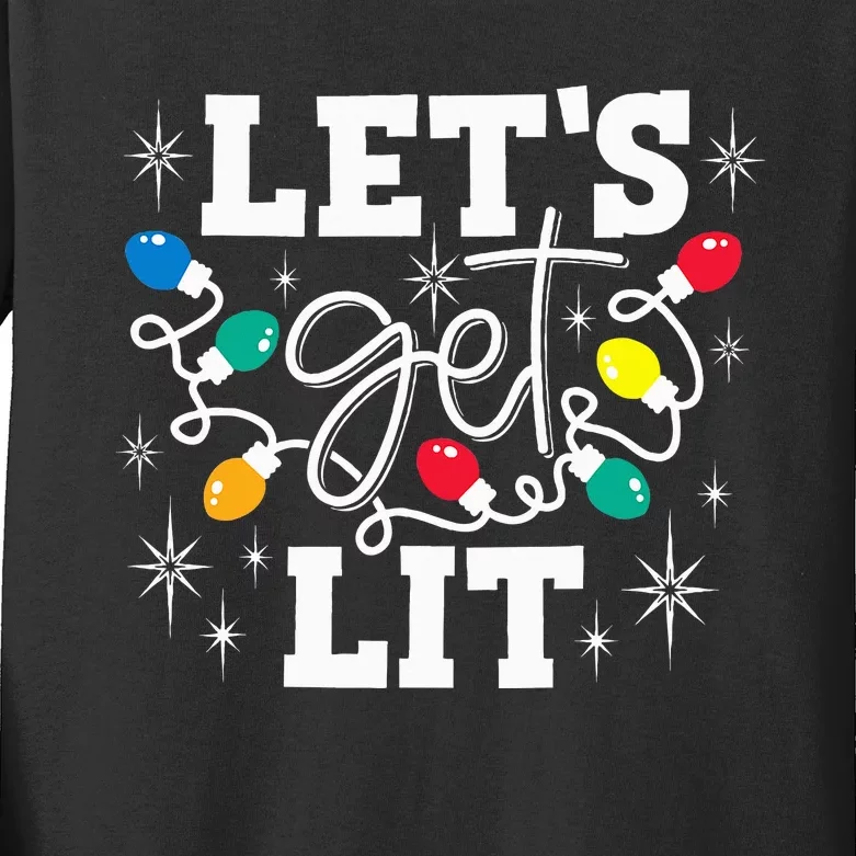 Let's Get Lit Drinking Santa Hat Christmas Lights Funny Kids Long Sleeve Shirt