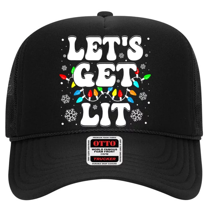 LetS Get Lit Funny Christmas Lights Xmas Pajamas Holiday High Crown Mesh Trucker Hat