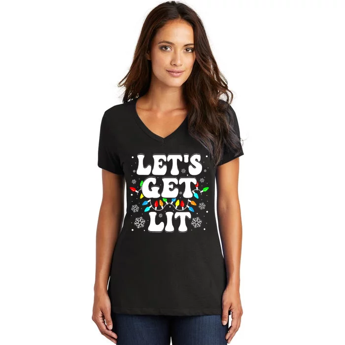 LetS Get Lit Funny Christmas Lights Xmas Pajamas Holiday Women's V-Neck T-Shirt