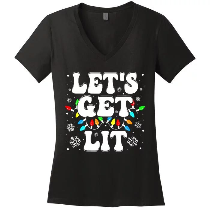 LetS Get Lit Funny Christmas Lights Xmas Pajamas Holiday Women's V-Neck T-Shirt