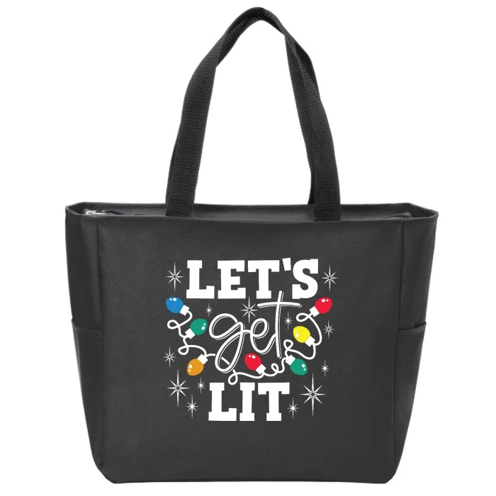 Lets Get Lit Drinking Santa Hat Christmas Lights Funny Zip Tote Bag