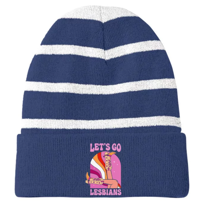 LetS Go Lesbians Lgbtq Lesbian Pride Month Cow Striped Beanie with Solid Band