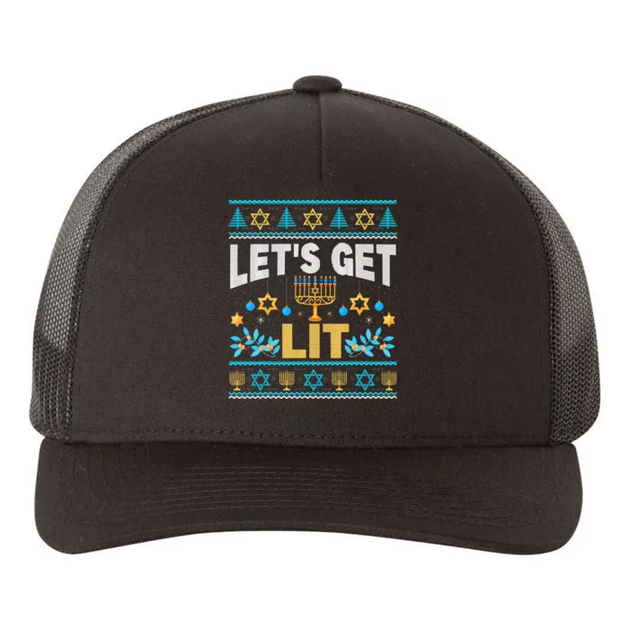 Let's Get Lit Hanukkah Menorah Funny Ugly Christmas Sweater Yupoong Adult 5-Panel Trucker Hat