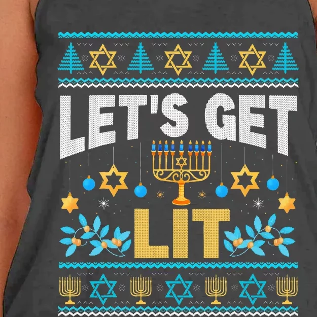 Let's Get Lit Hanukkah Menorah Funny Ugly Christmas Sweater Women's Knotted Racerback Tank