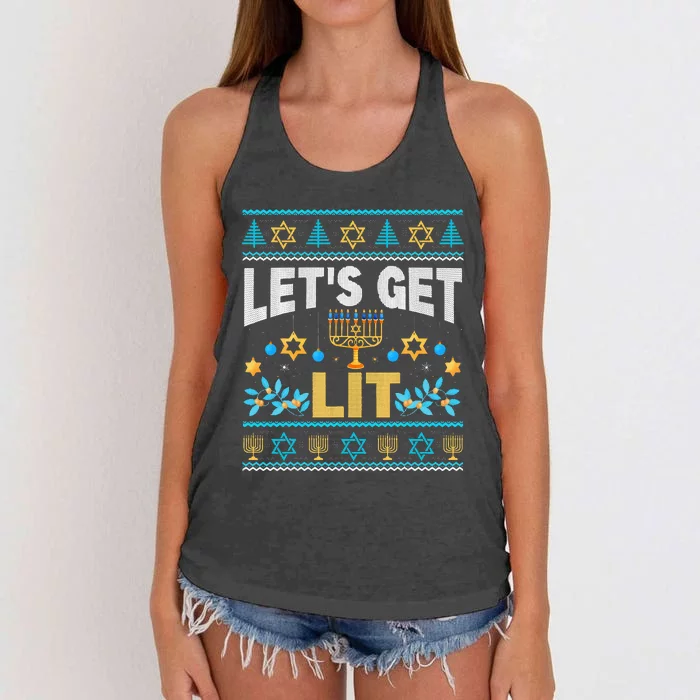 Let's Get Lit Hanukkah Menorah Funny Ugly Christmas Sweater Women's Knotted Racerback Tank